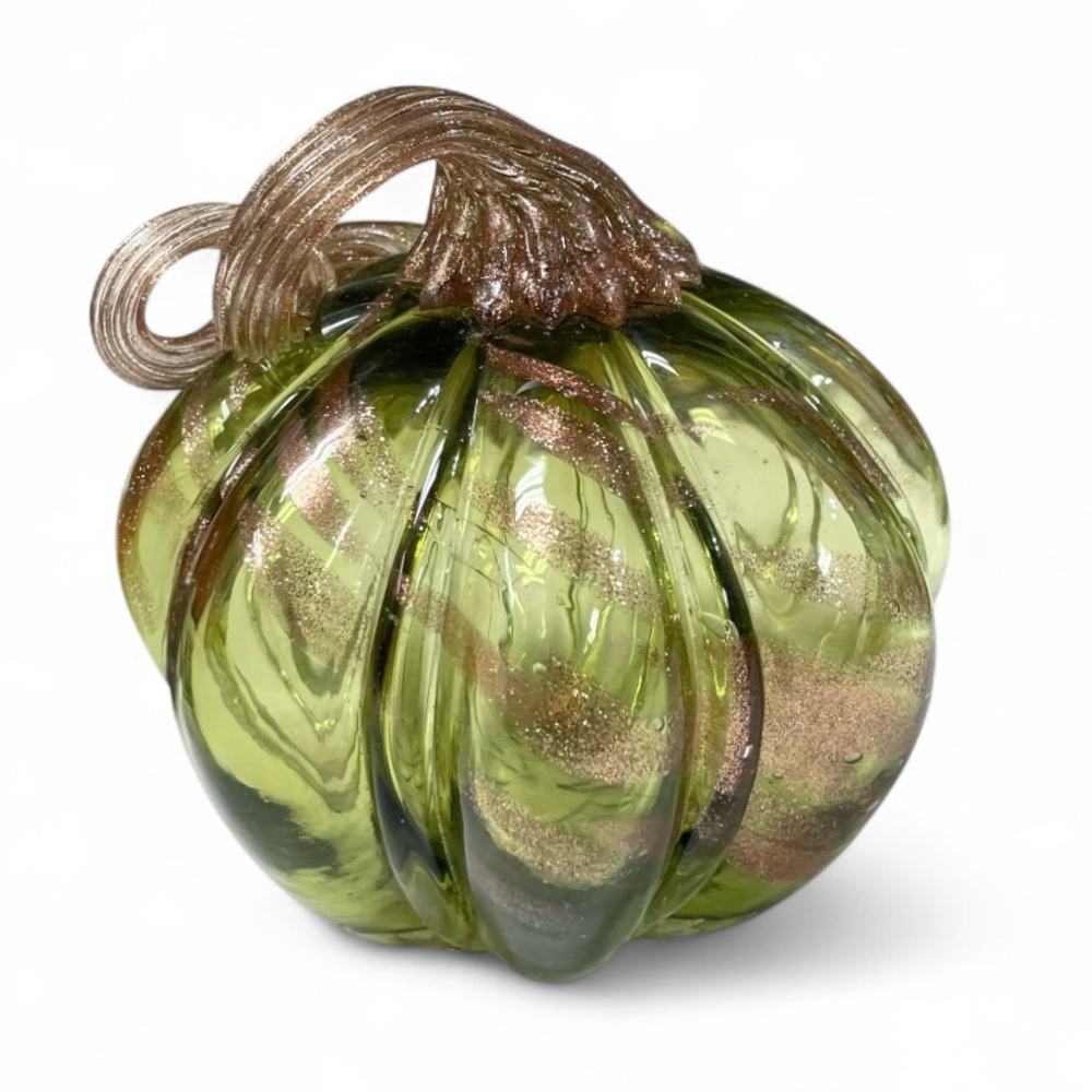 Pier 1 Hand Blown Green Glass Gold Swirl Pumpkin Glittering Gold Stem Fall Decor